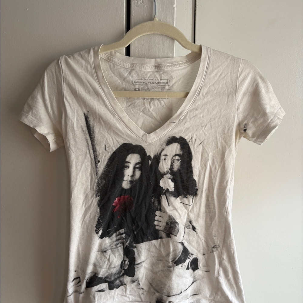 John and Yoko White Graphic V-Neck Women Top